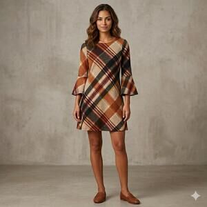 JH Plaid Bell Sleeve Mini Dress S Boho Retro Academia Mod Chic Autumn Tunic